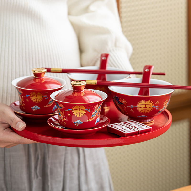 景德镇龙凤改口敬茶杯喜碗结婚对碗一对陪嫁碗筷套装送新人婚庆用