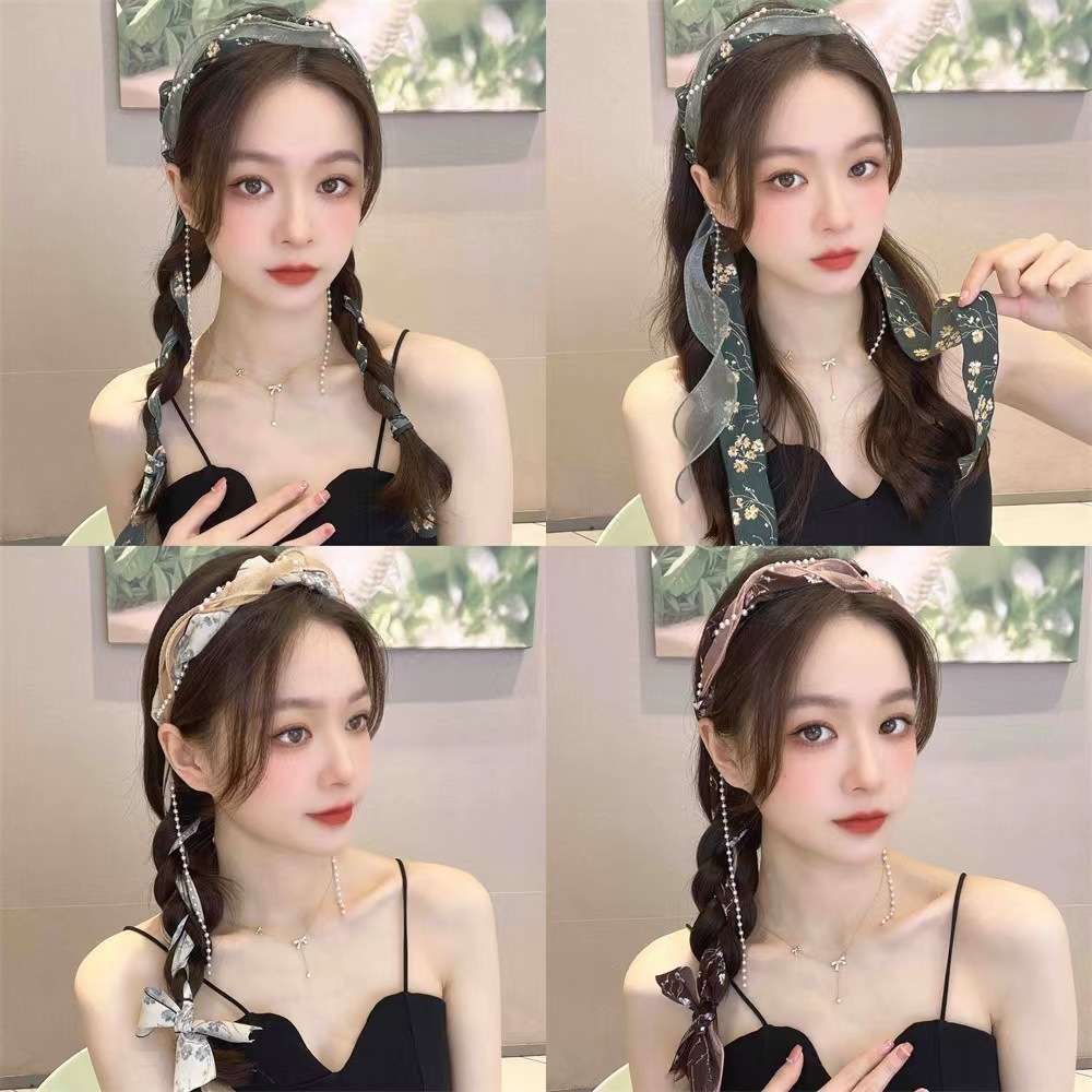 法式气质流苏珠珠欧根纱碎花编发发箍新款带齿防滑飘带一体式头箍