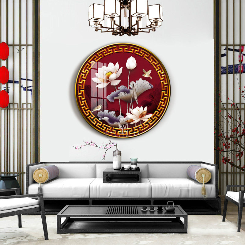 荷花图圆形挂画客厅沙发背景墙壁画新中式入户正对门玄关装饰画