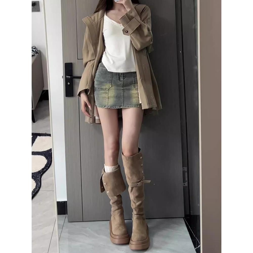 厚底长筒靴女2025新款秋季不过膝绒面高筒靴女款显瘦长靴骑士靴子