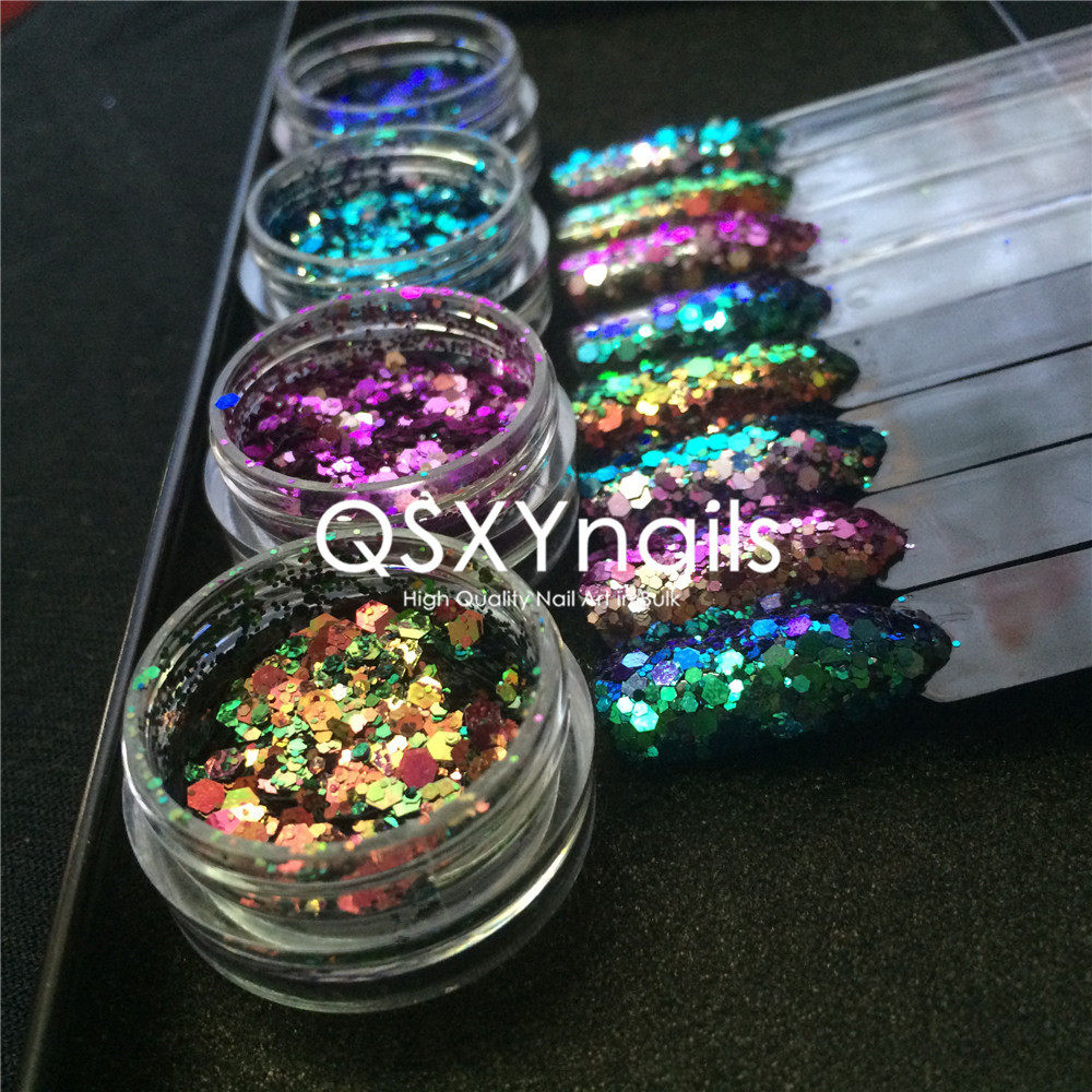 高级进口变色龙亮片美甲蓝红紫金葱闪粉混尺寸指甲贴片装饰甲油胶