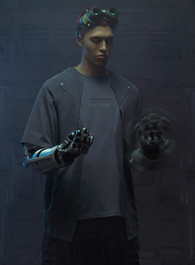 XIPHEVIL「深区近防恤」赛博朋克街头宽松纯棉拼色双肩甲短袖T夏