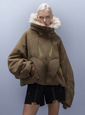 XIPHEVIL「掮行者鬃领短夹克」弯刀袖麂皮毛领帽座山雕棉外套赛博