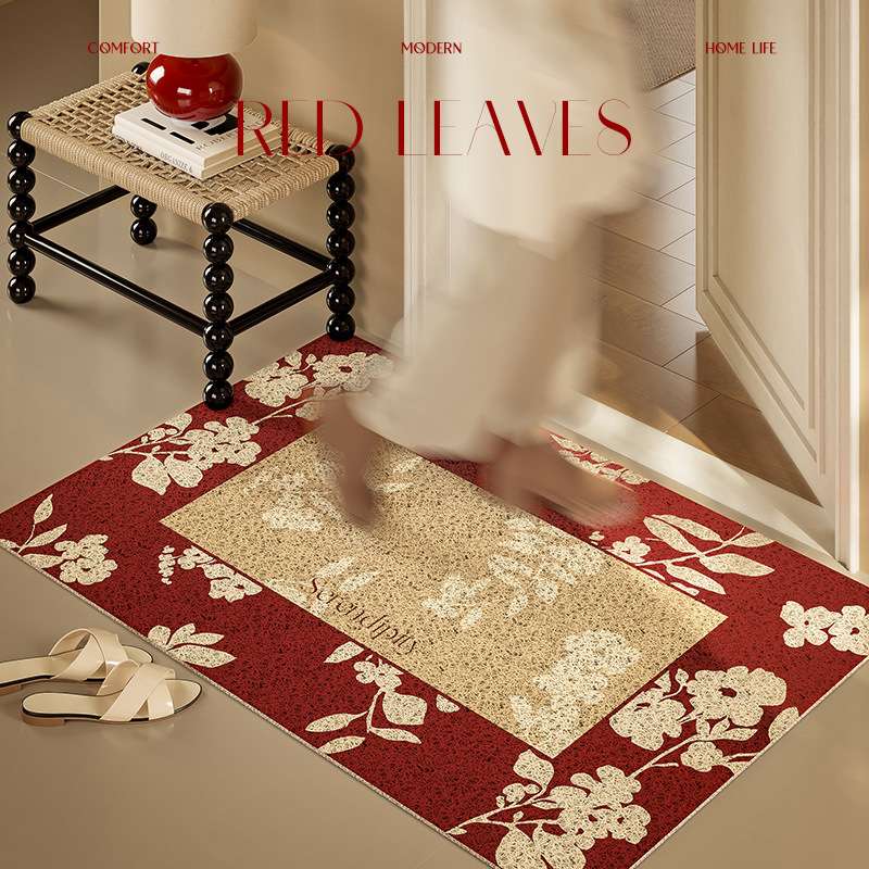 新年红色入户门地毯丝圈地垫喜庆红色进门垫蹭土防滑脚垫复古玄关