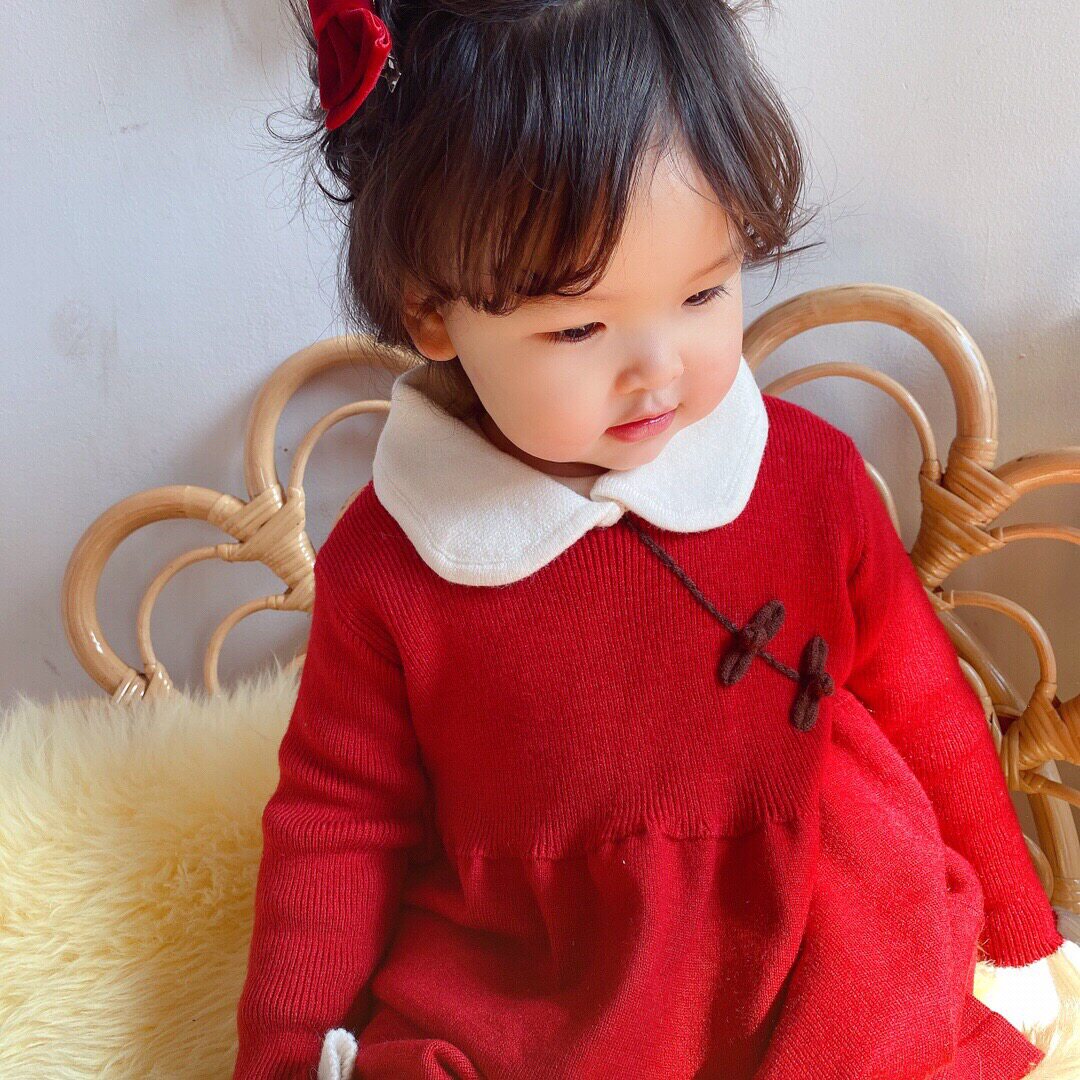 xixibaby女童宝宝中式翻领中国风过年红色连衣裙周岁礼服裙针织连