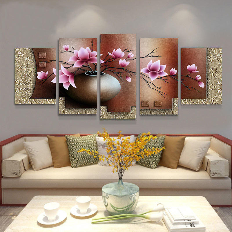 客厅装饰画现代简约无框画卧室壁画沙发背景墙挂画花卉五联画图片