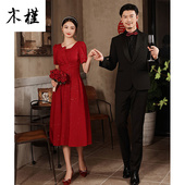 敬酒服酒红色晚礼服新娘结婚回门服订婚中长款 女 方领连衣裙夏季