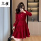 高级感时尚 红色2025秋季 法式 小个子连衣裙长袖 收腰显瘦蛋糕裙 新款