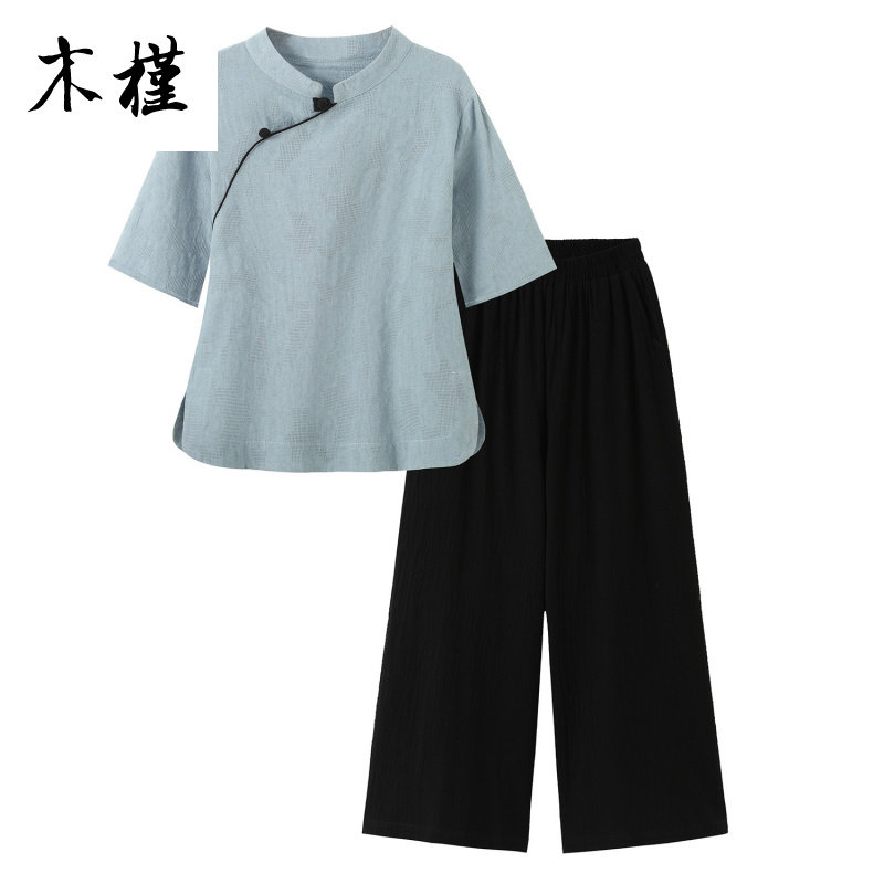 中国风复古棉麻上衣女夏中式立领