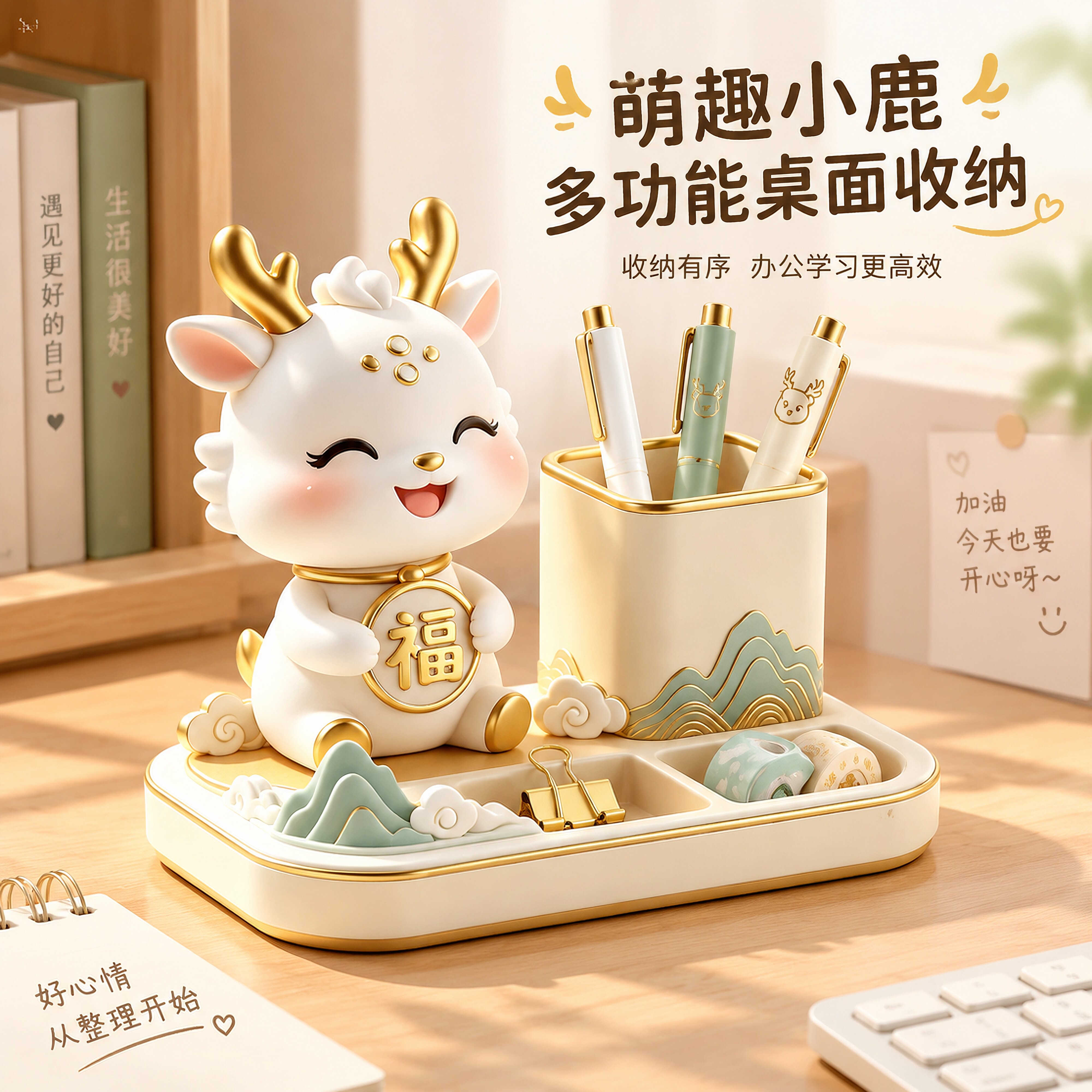 现代风萌趣小麋鹿桌面笔筒收纳摆件多功能书桌办公室梳妆台装饰品