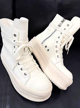 美式高街风白色高帮休闲鞋子男厚底增高拉链设计松糕百搭板鞋潮牌