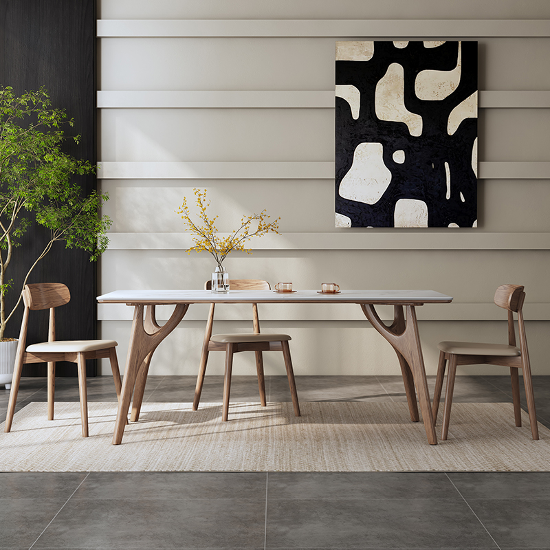 现代简约轻奢岩板餐桌小户型长方形家用白蜡木实木飞鸟餐桌椅组合