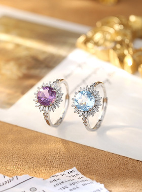 S925纯银戒指女天然水晶石托帕石太阳花可调节指环银饰品