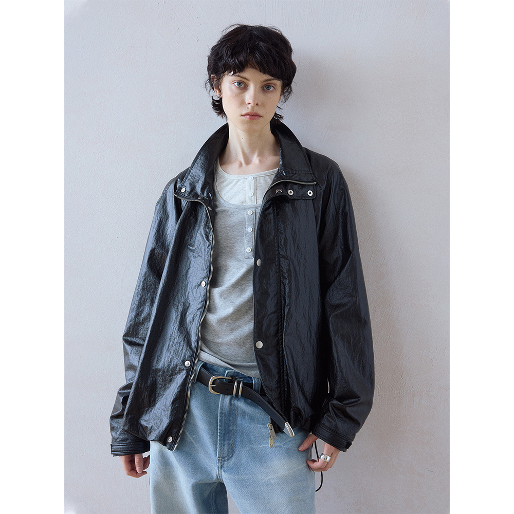 DIMC立领肌理PU皮抽绳夹克cleanfit油蜡感宽松皮衣外套男女同款