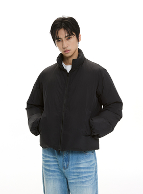 DIMC白鸭绒立领短款羽绒服 宽松黑色廓形双头拉链保暖面包服