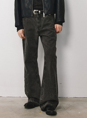 DIMC复古水洗扎花裂纹牛仔裤 2024秋季宽松直筒黑色休闲长裤