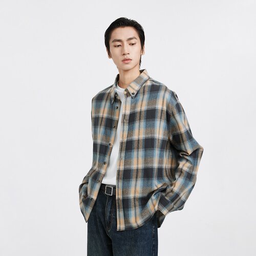 DIMC复古撞色格纹宽松长袖衬衫 新款春秋男女休闲衬衣上衣