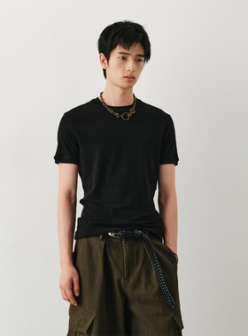 DIMC270克含羊毛轻柔罗纹纯色基础T恤 休闲黑色修身男女短袖