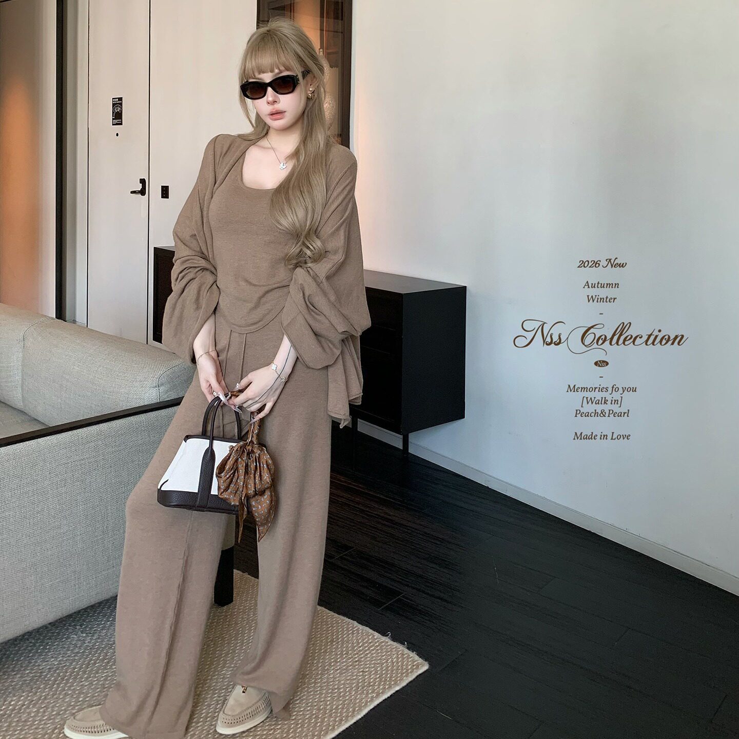 韩系松弛感针织阔腿三件套女