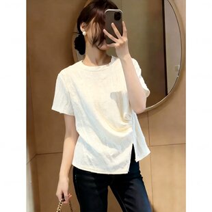 大码胖mm韩版不规则开叉短袖t恤女夏季宽松破洞设计显瘦遮肉上衣