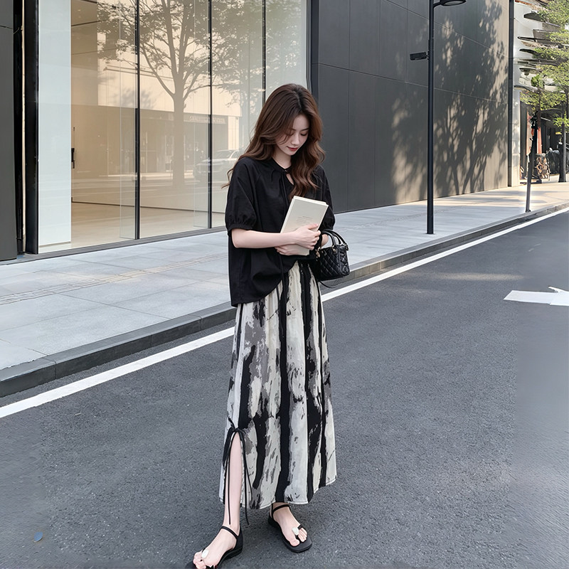 黑色松弛感水墨晕染半身裙短袖上衣套装女2026夏季设计感两件套