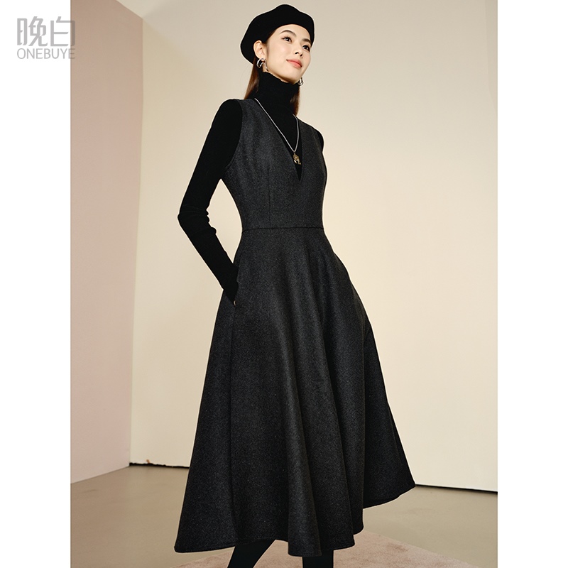 通勤V领收羊毛无袖连衣裙