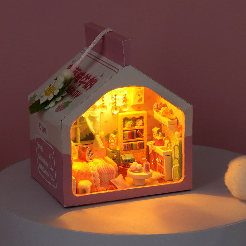 diy手工小屋牛奶盒小夜灯微缩场景房子拼装建筑模型玩具生日礼物
