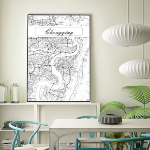 国内省会城市地图装饰画 北欧简约线描黑白道路客厅办公室壁画