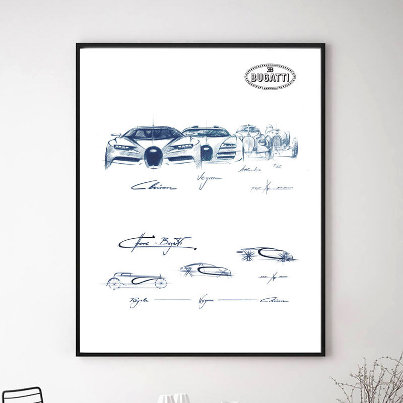 布加迪超跑设计稿装饰画 bugatti chiron跑车手绘线稿草图挂画