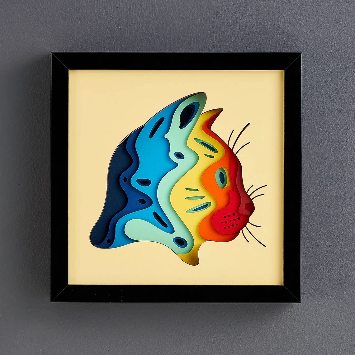 多彩猫头纸雕装饰画 爱猫者宠物达人礼物纪念摆饰立体叠雕相框画