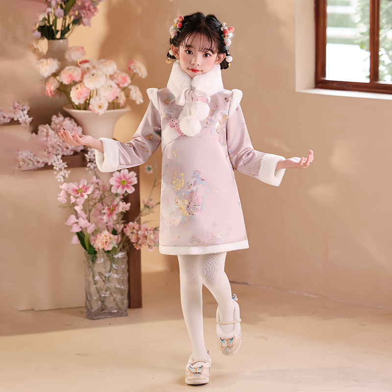 女童冬季加绒加厚连衣裙2025新款儿童中国风女孩周岁汉服公主裙