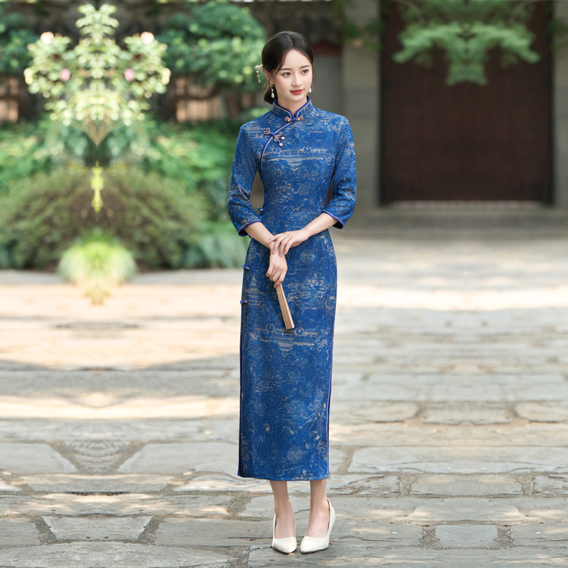 蓝色旗袍7分长袖秋装妈妈连衣裙