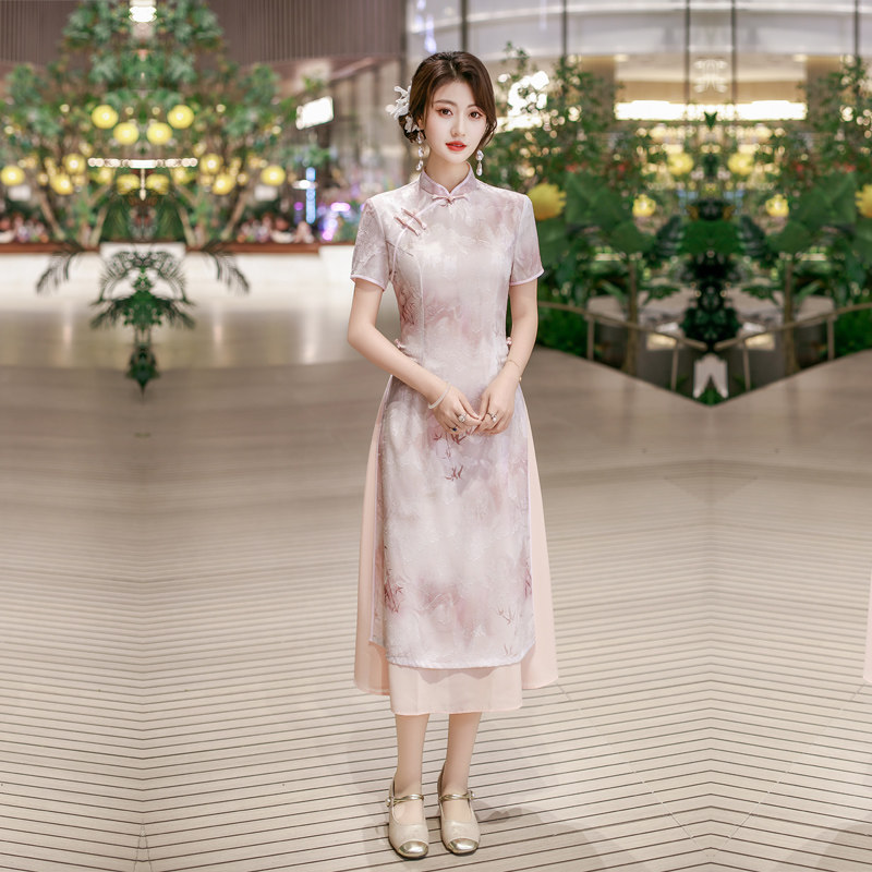粉色旗袍高级感奥黛改良女连衣裙图片