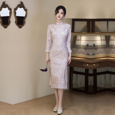 新中式紫色旗袍年轻款长袖妈妈装