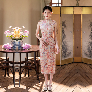 粉色无袖旗袍新中式年轻款少女士弹力丝绒春秋季连衣裙名媛小香风