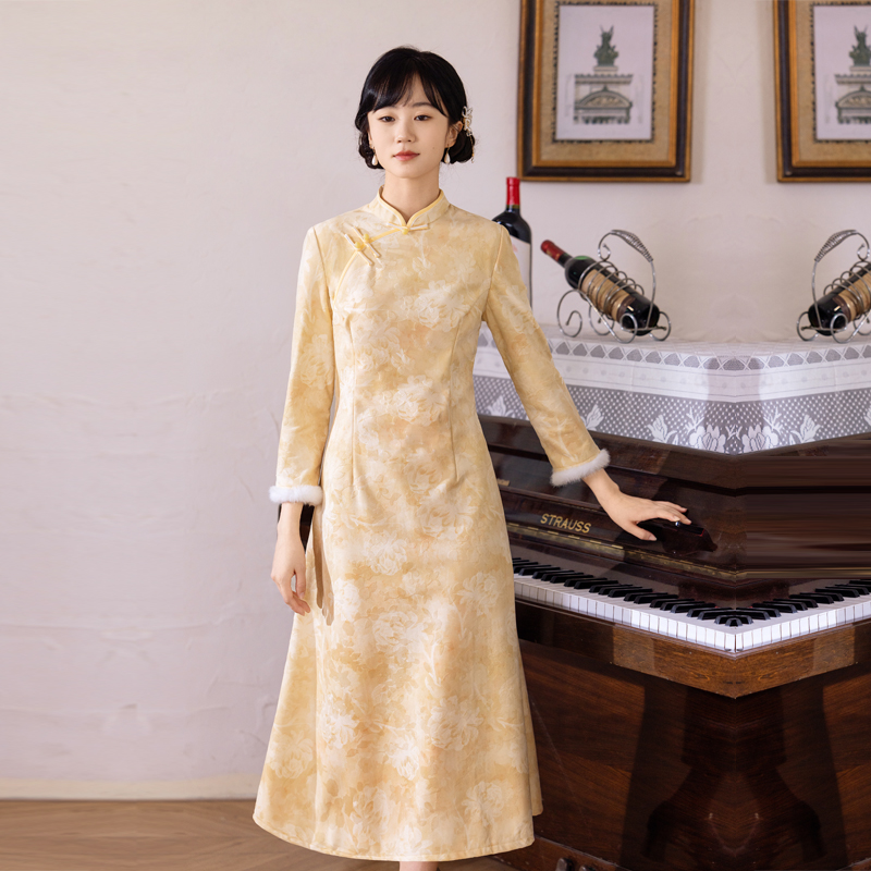 加绒旗袍保暖冬季女装不开衩大码