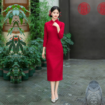 妈妈婚礼旗袍红色7分袖秋冬礼服