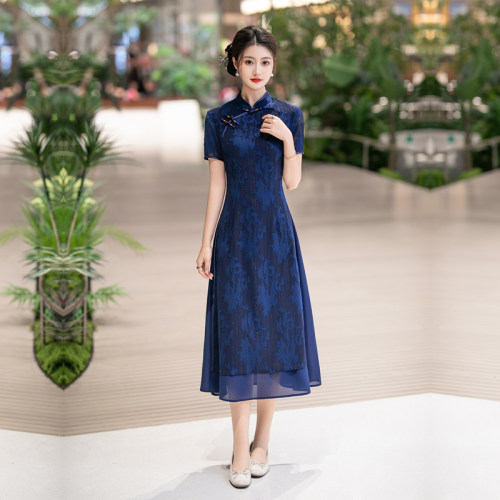 奥黛旗袍蓝色妈妈夏季女装高级感
