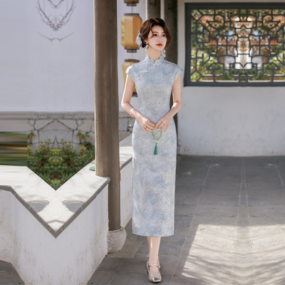 新中式蓝色旗袍年轻长款妈妈夏装