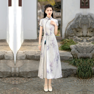 中年女媽媽氣質年輕日常禮服中國風 奧黛旗袍改良連衣裙水墨畫夏裝
