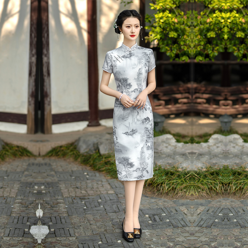 复古日常中长款大码旗袍洋气水墨