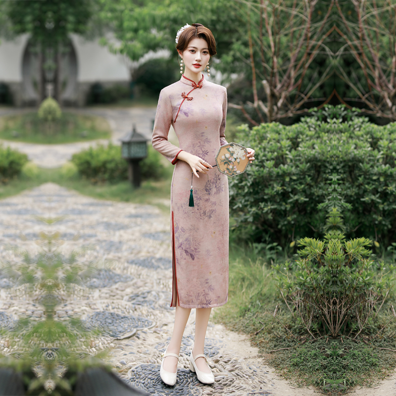 粉色长袖旗袍妈妈秋冬季女连衣裙