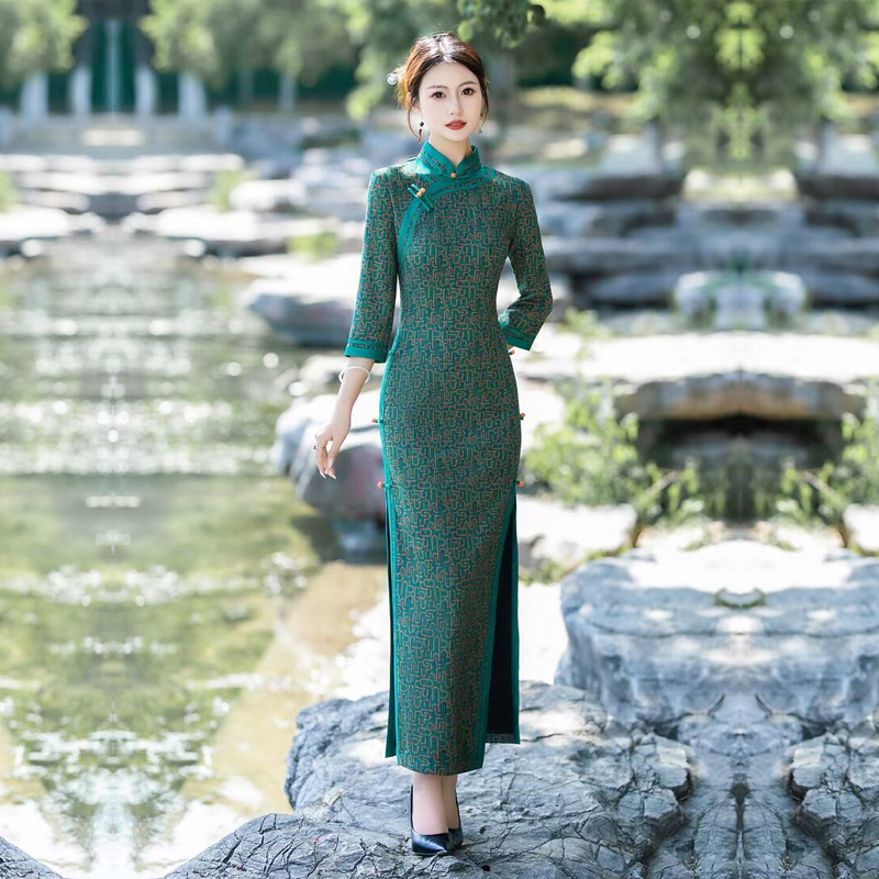 优雅日常长款格子旗袍保暖