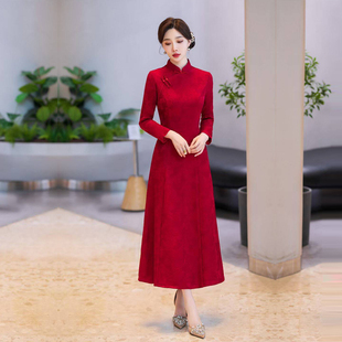 妈妈婚礼旗袍秋冬长袖保暖女装新中式改良气质年轻红色礼服加大码