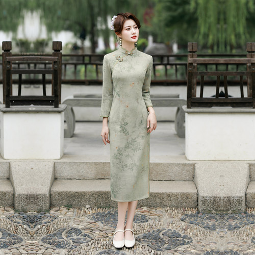 秋冬季旗袍妈妈长袖保暖女连衣裙