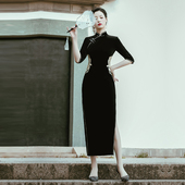 妈妈保暖女装 黑色旗袍7分长袖 秋冬季 丝绒绣花弹力跳舞礼服高级感