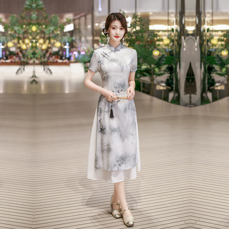 白灰色改良旗袍高级感新中式奥黛连衣裙高考日常女夏装水墨画国风