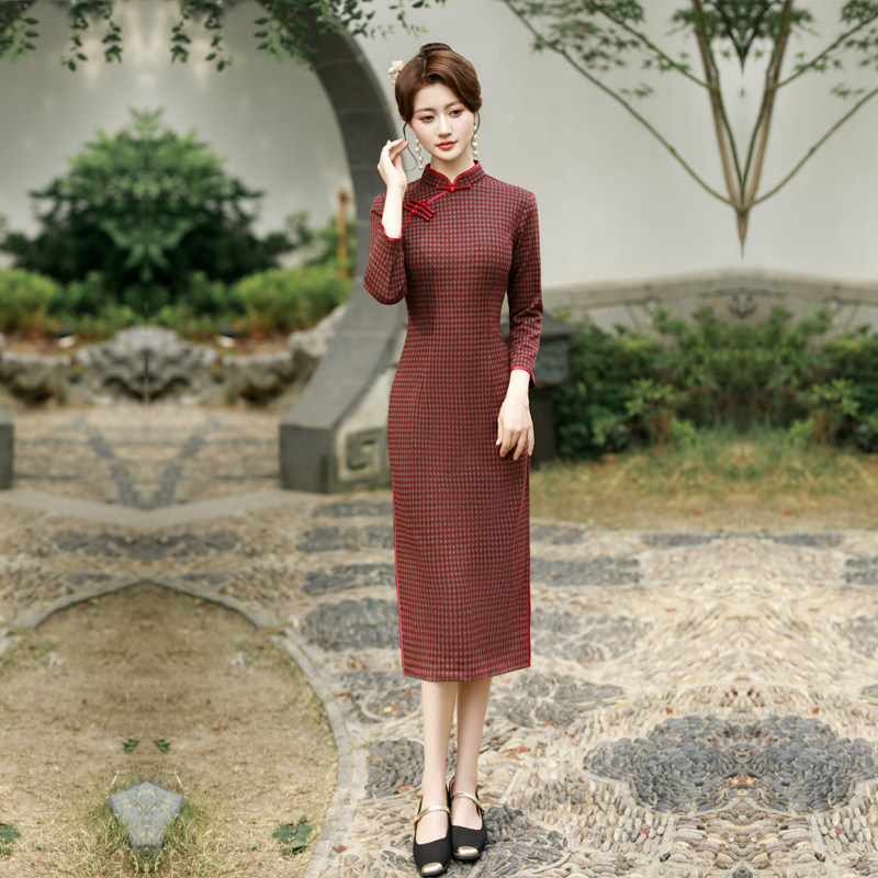 红色小格子旗袍7分长袖小个子中年女妈妈新中式日常秋季裙民国风