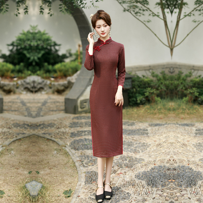 红色小格子旗袍妈妈长袖秋装国风