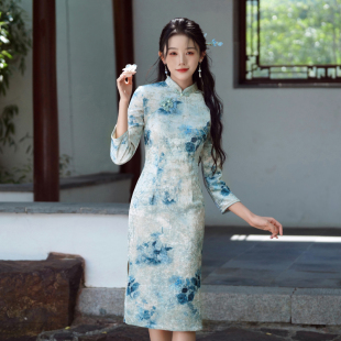 金钻绒旗袍中长款小个子妈妈高弹力春秋连衣裙日常穿胖子mm特大码